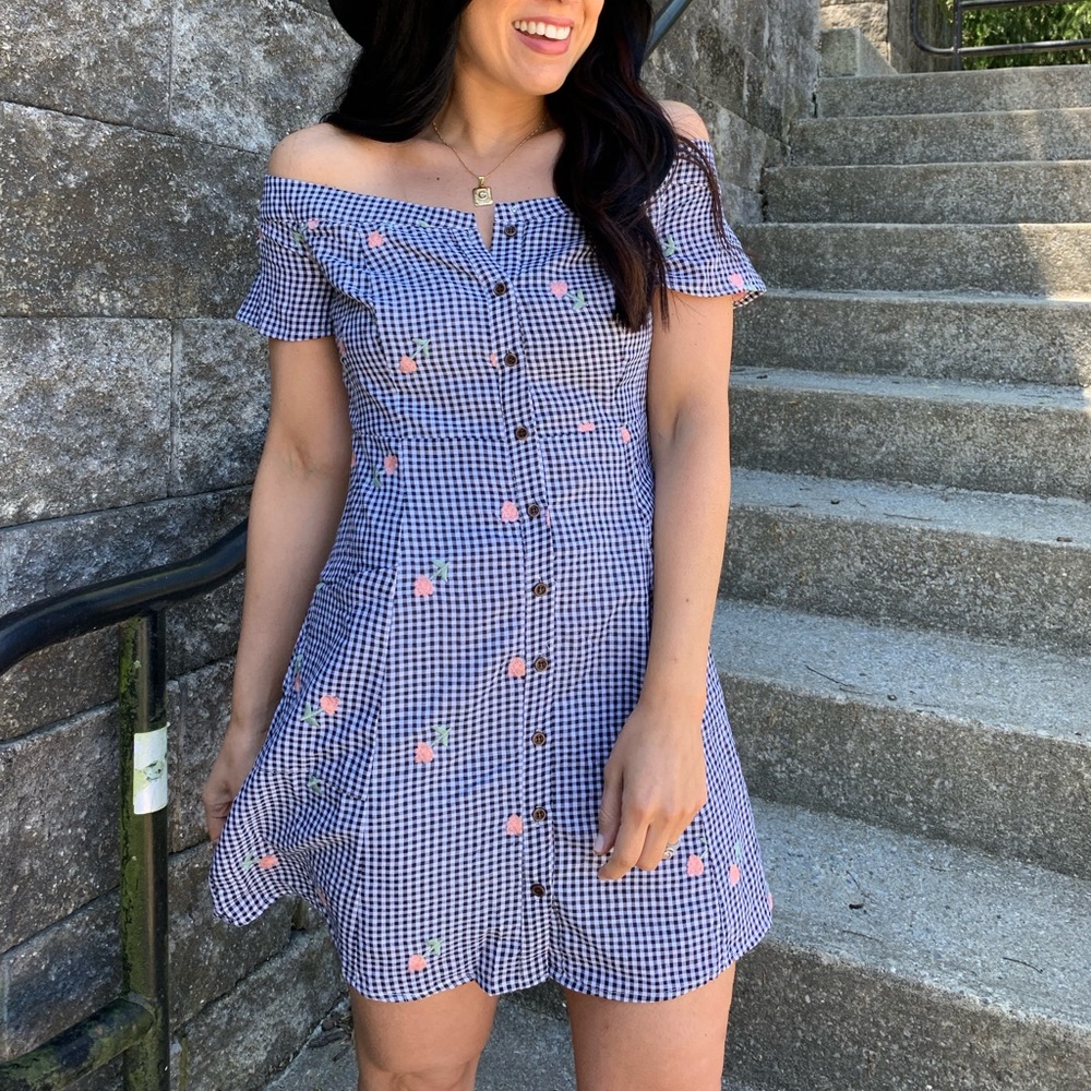 Gingham off the shoulder dress